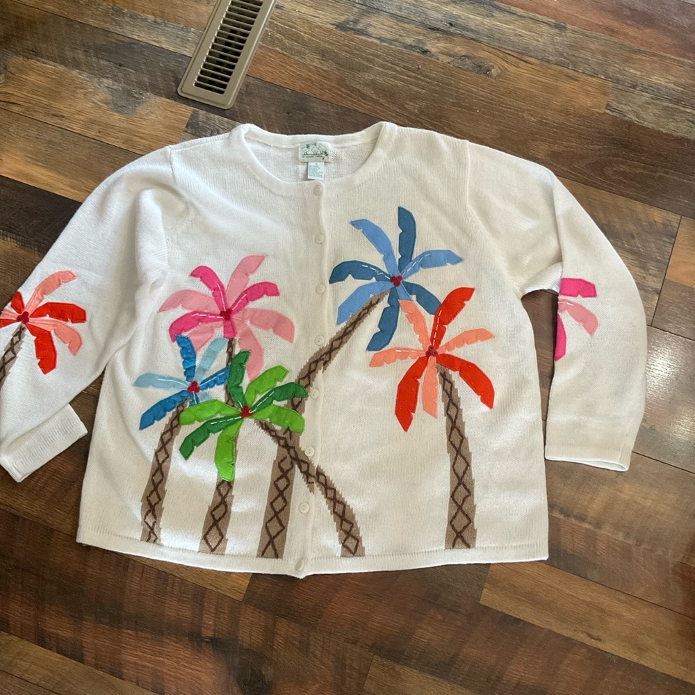 Vintage Quacker Factory Palm Tree Beach Cardigan Sweater 1X